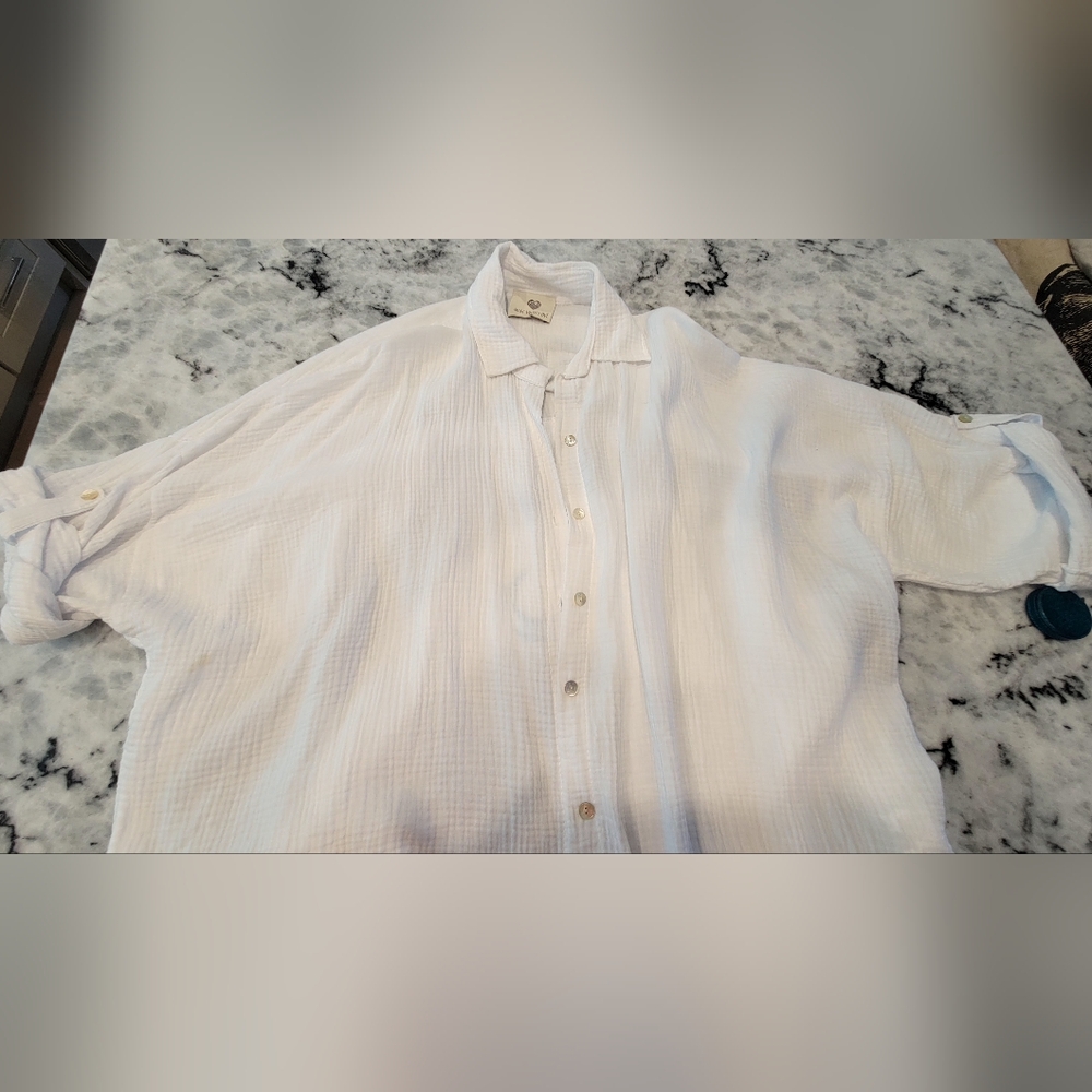 White Made With Love Button Down Shirt with Gold and Blue Eye Design - Picture 3 of 3